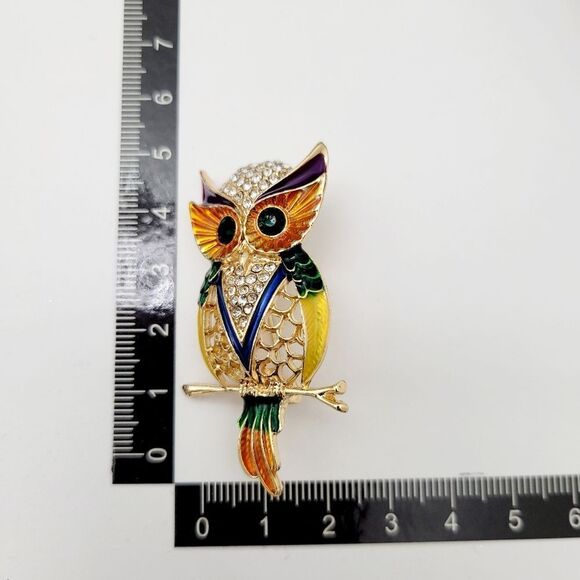 Brand New 2 In 1 Yellow & Green Owl Gold Tone Rhinestone Brooch Pin & Pendant - Picture 7 of 8
